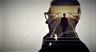 Image of Person walking up the stairs inside a head silhouette